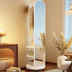 Scandinavian Wood Hall Tree with Mirror and Storage Shelves