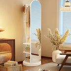 Scandinavian Wood Hall Tree with Mirror and Storage Shelves