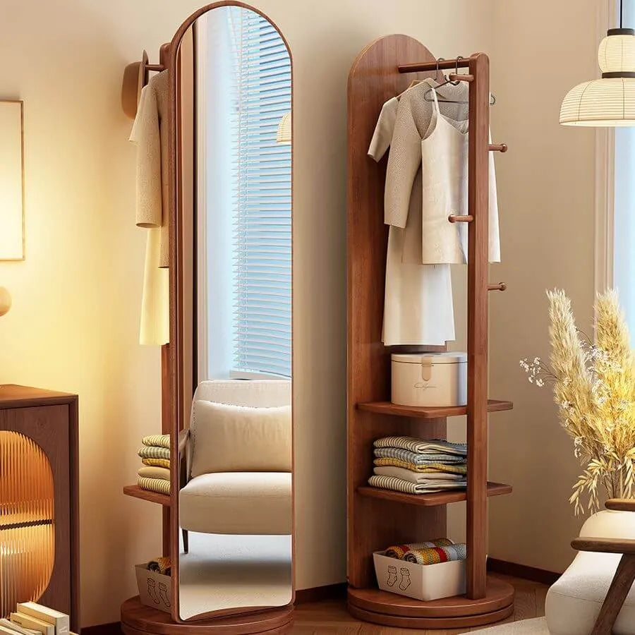 Scandinavian Wood Hall Tree with Mirror and Storage Shelves Main Product Image Main image