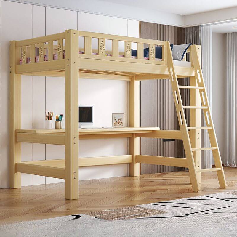 Scandinavian Wood Kids Loft Bed With Desk & Mattress