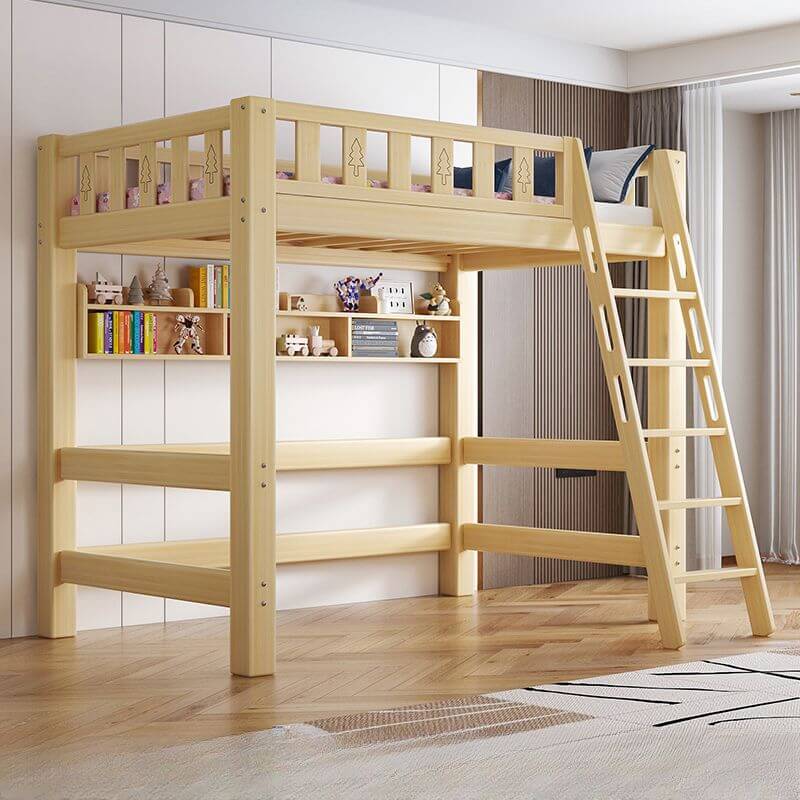 Scandinavian Wood Kids Loft Bed With Desk & Mattress