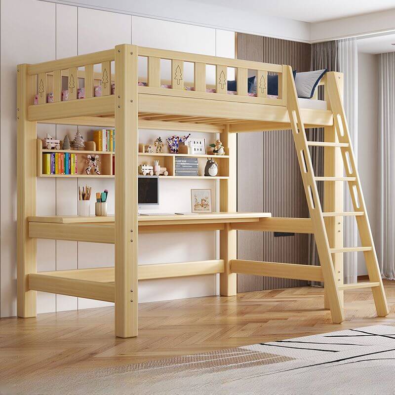 Scandinavian Wood Kids Loft Bed With Desk & Mattress