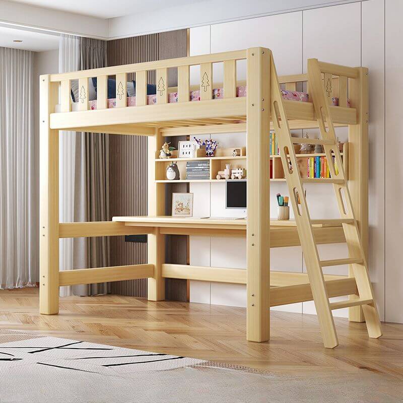 Scandinavian Wood Kids Loft Bed With Desk & Mattress