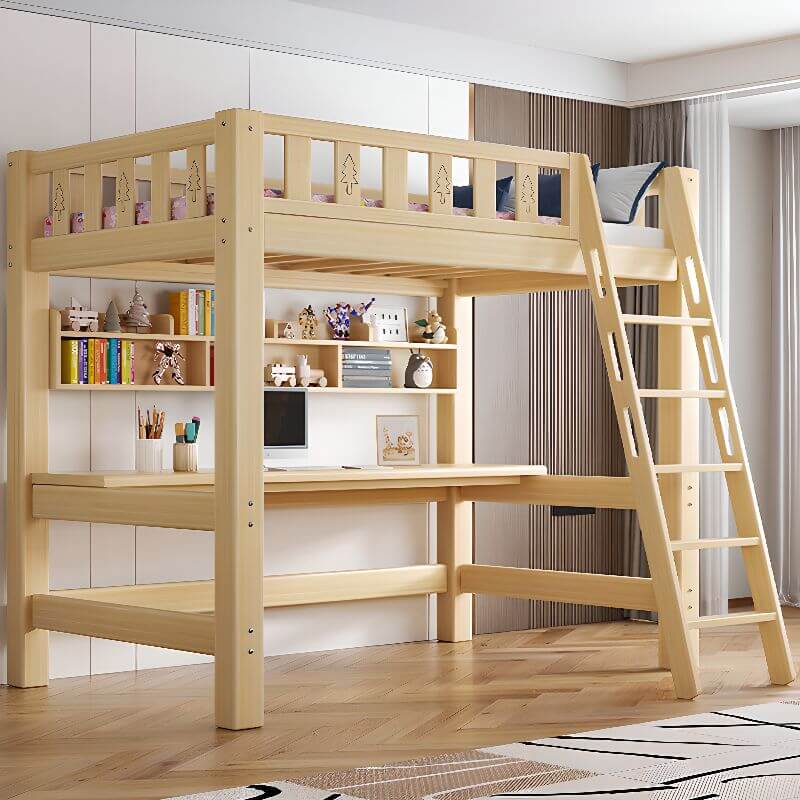 Scandinavian Wood Kids Loft Bed With Desk & Mattress