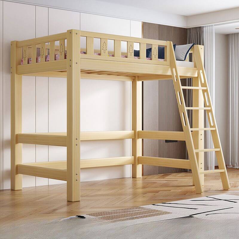 Scandinavian Wood Kids Loft Bed With Desk & Mattress
