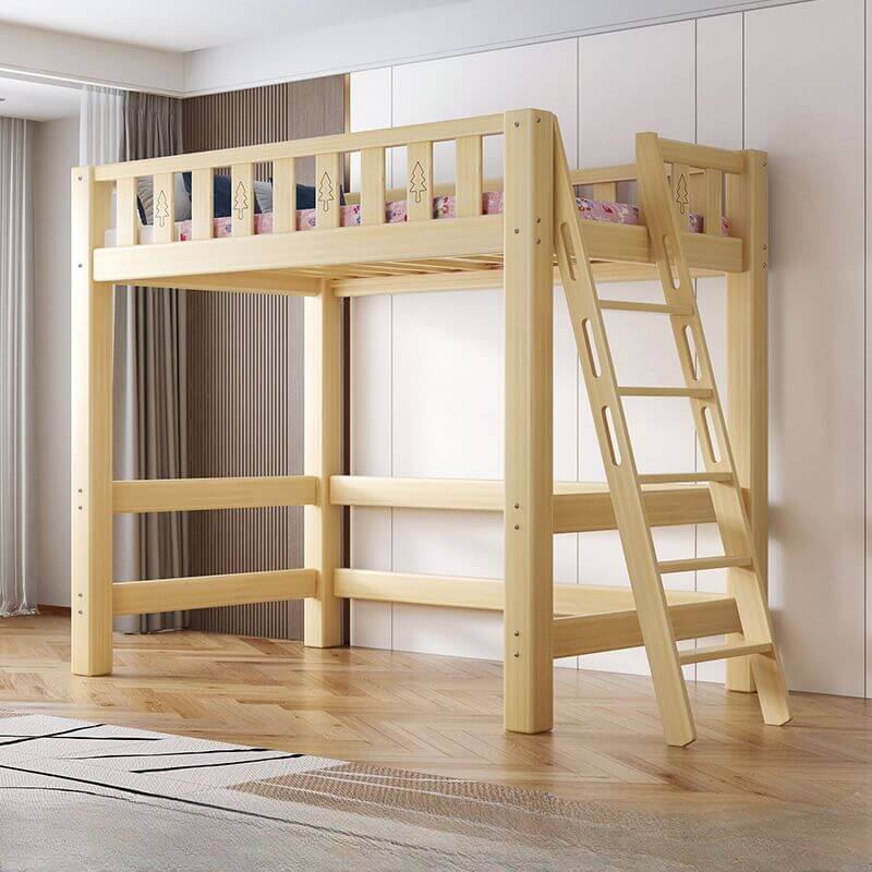 Scandinavian Wood Kids Loft Bed With Desk & Mattress