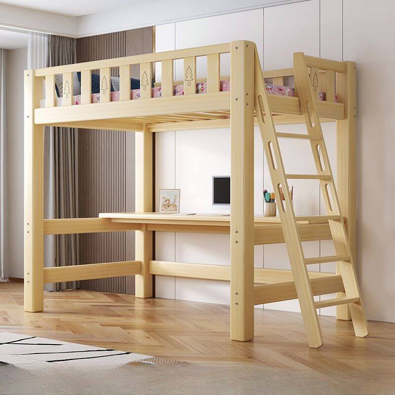 Scandinavian Wood Kids Loft Bed With Desk & Mattress