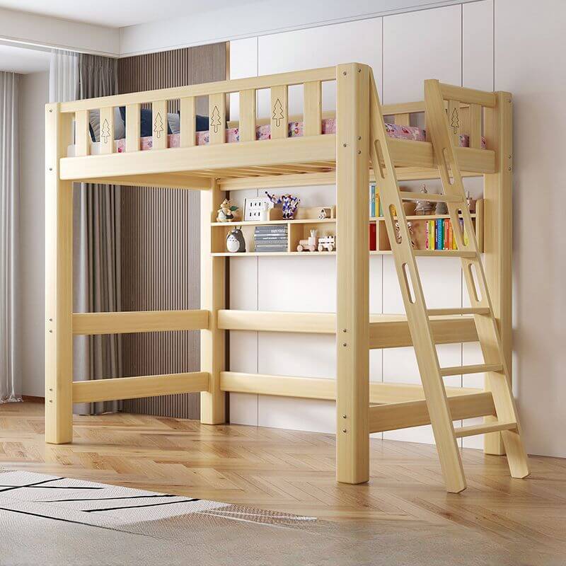 Scandinavian Wood Kids Loft Bed With Desk & Mattress