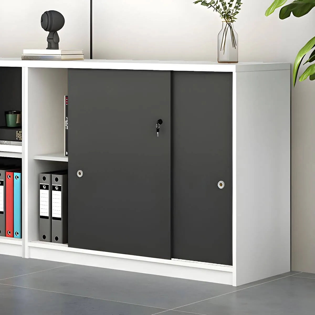 Scandinavian Wood Lateral Storage Cabinet With Sliding Doors