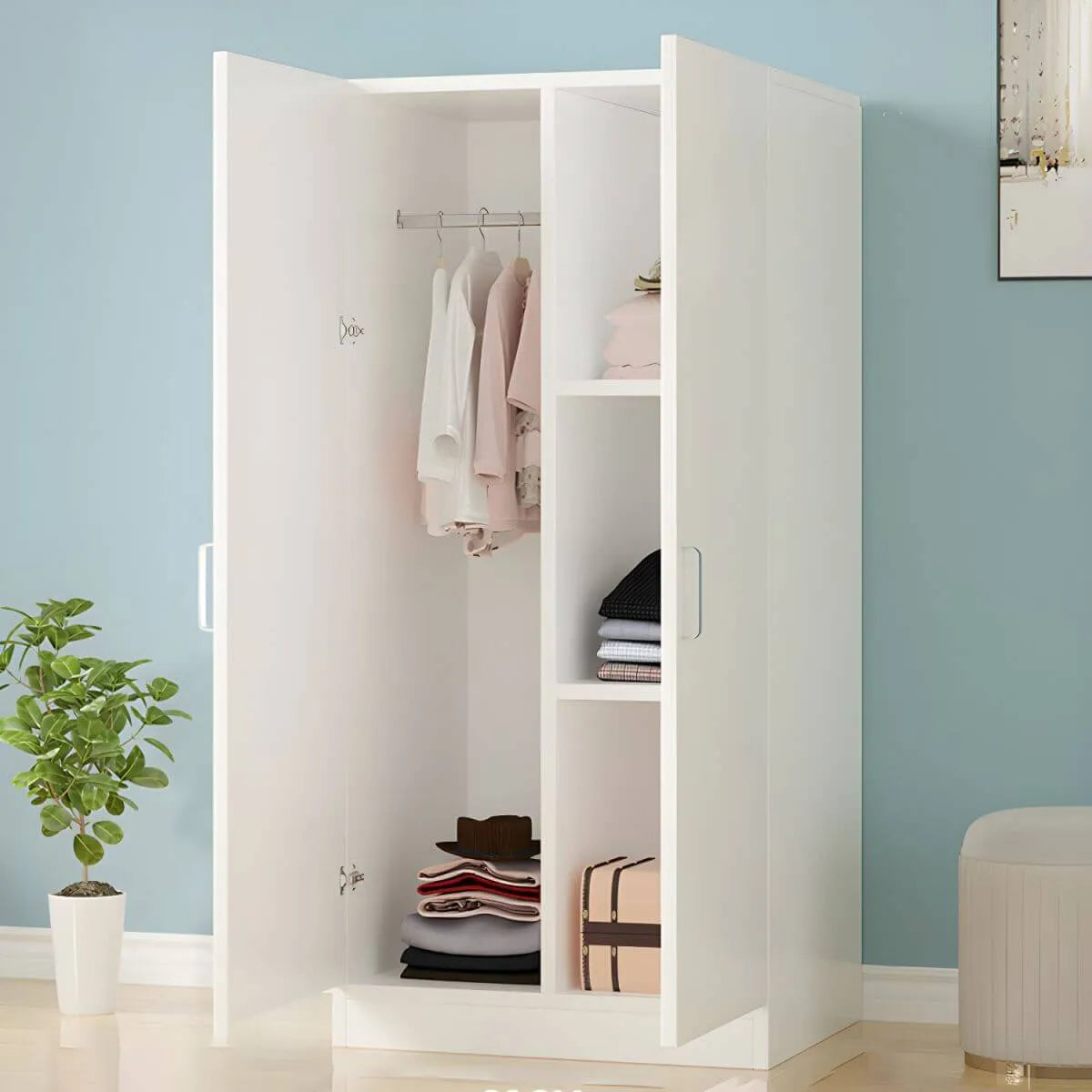 Scandinavian Wood Wardrobe Armoire With Hanging And Shelf Storage