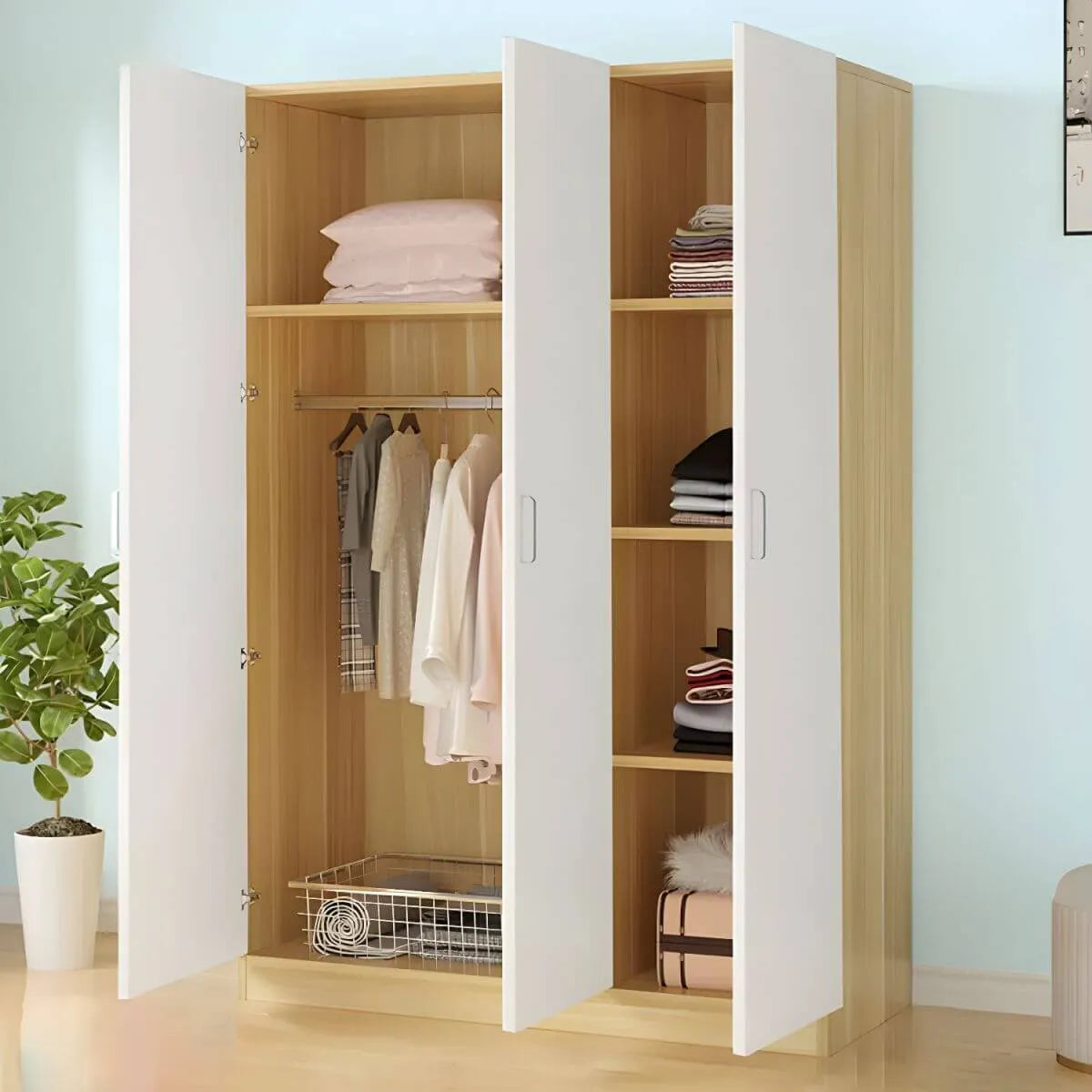 Scandinavian Wood Wardrobe Armoire With Hanging And Shelf Storage