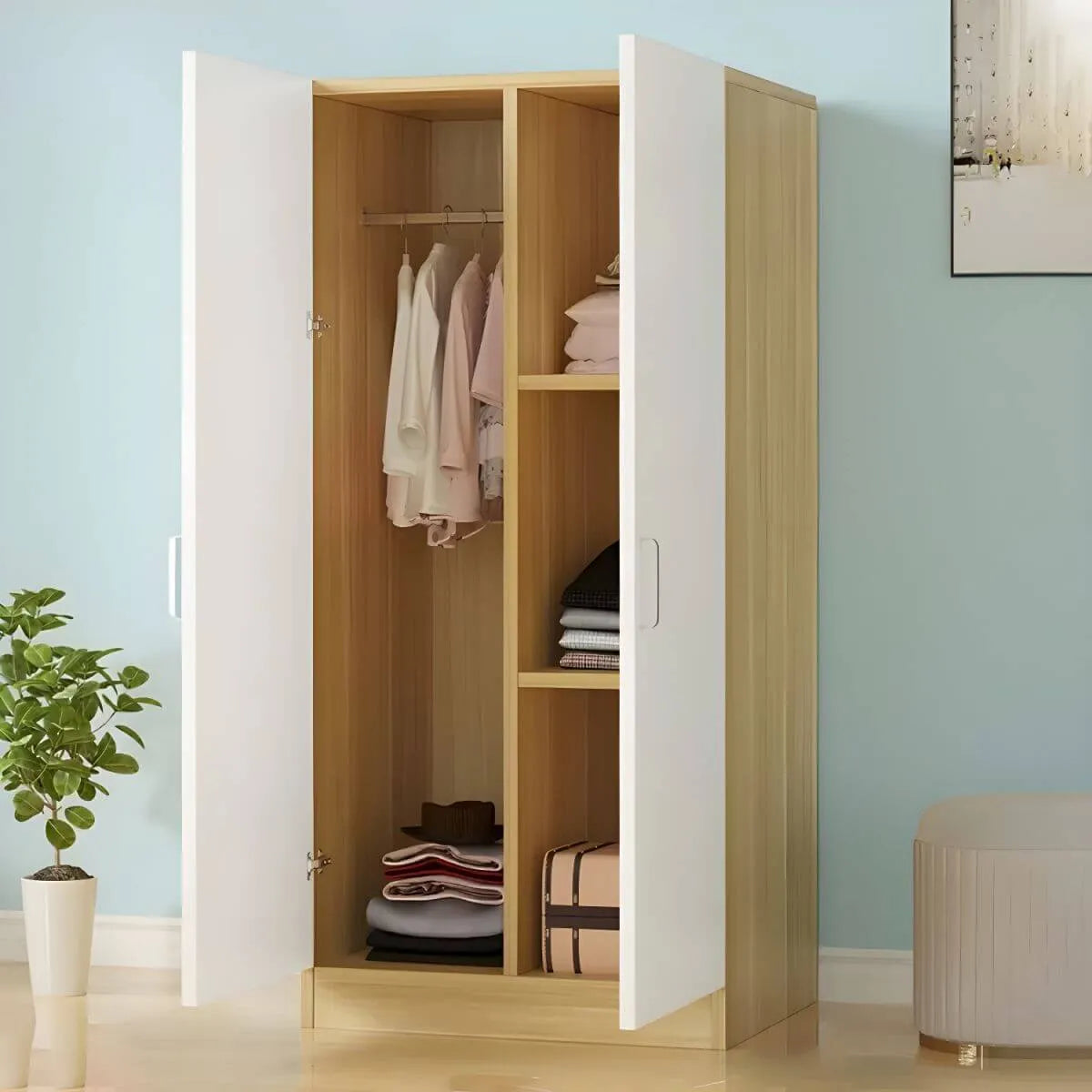 Scandinavian Wood Wardrobe Armoire With Hanging And Shelf Storage