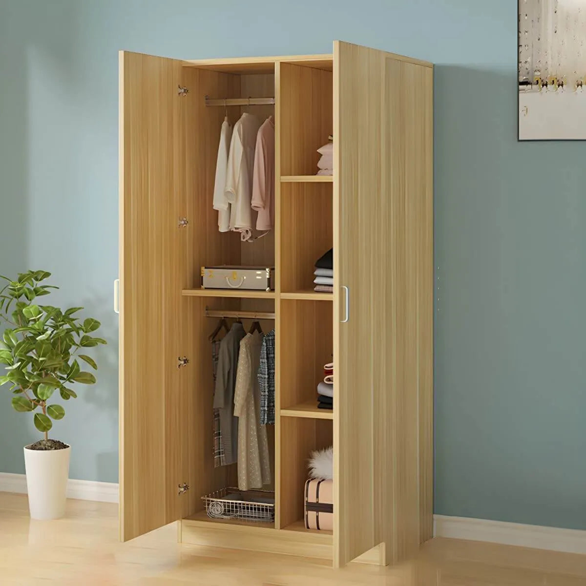 Scandinavian Wood Wardrobe Armoire With Hanging And Shelf Storage