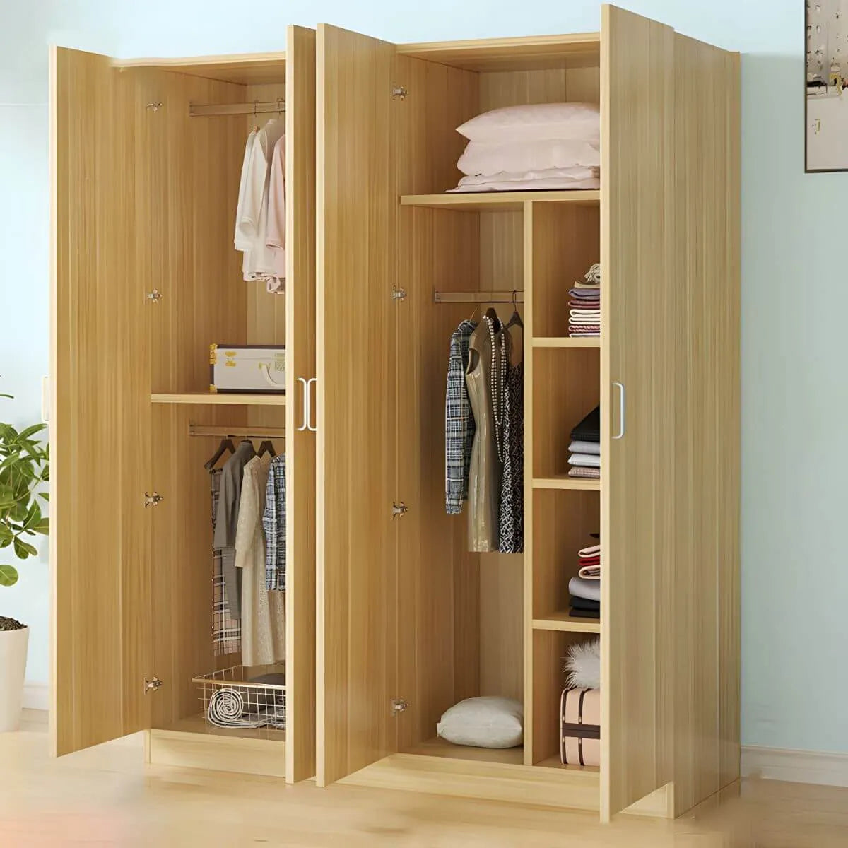 Scandinavian Wood Wardrobe Armoire With Hanging And Shelf Storage