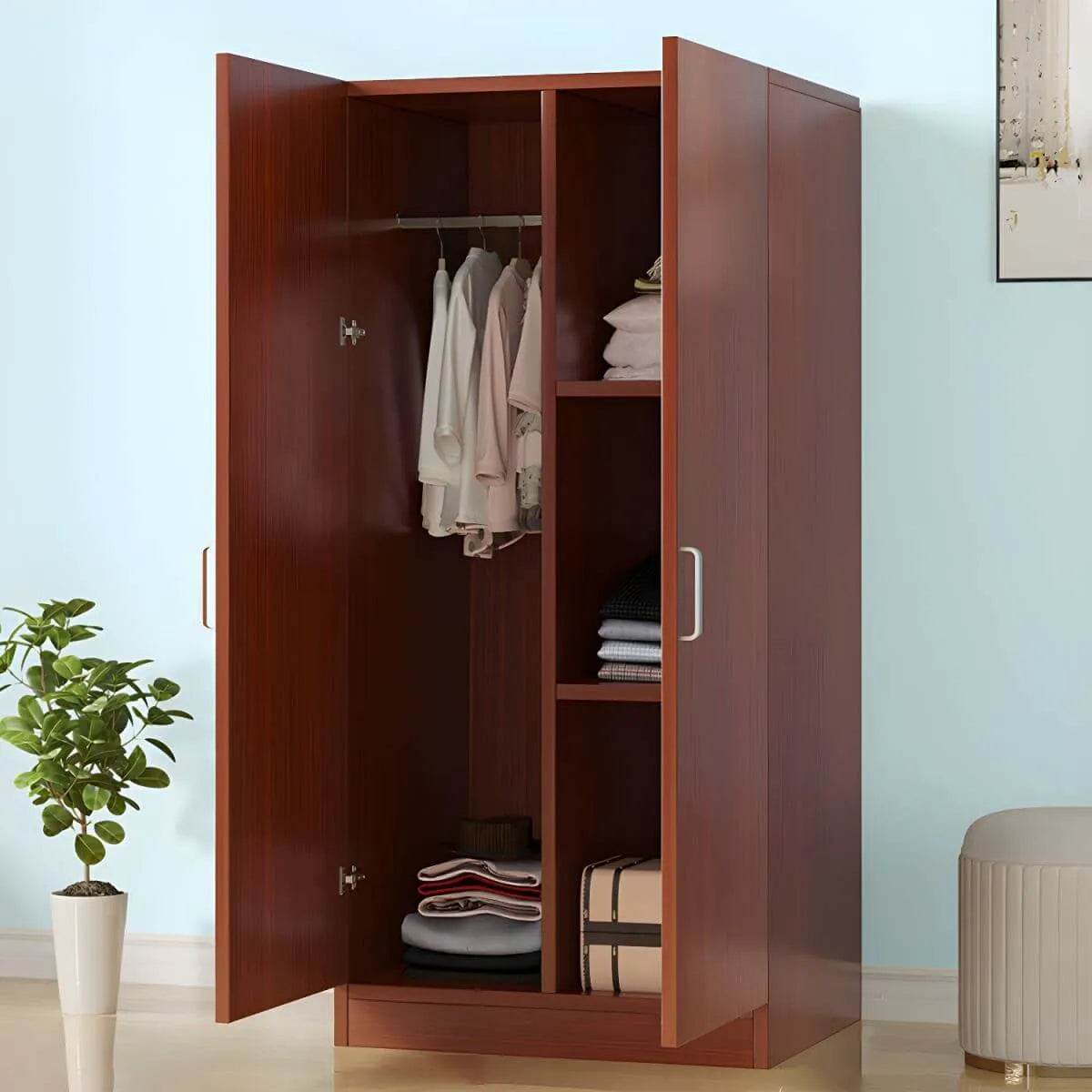 Scandinavian Wood Wardrobe Armoire With Hanging And Shelf Storage