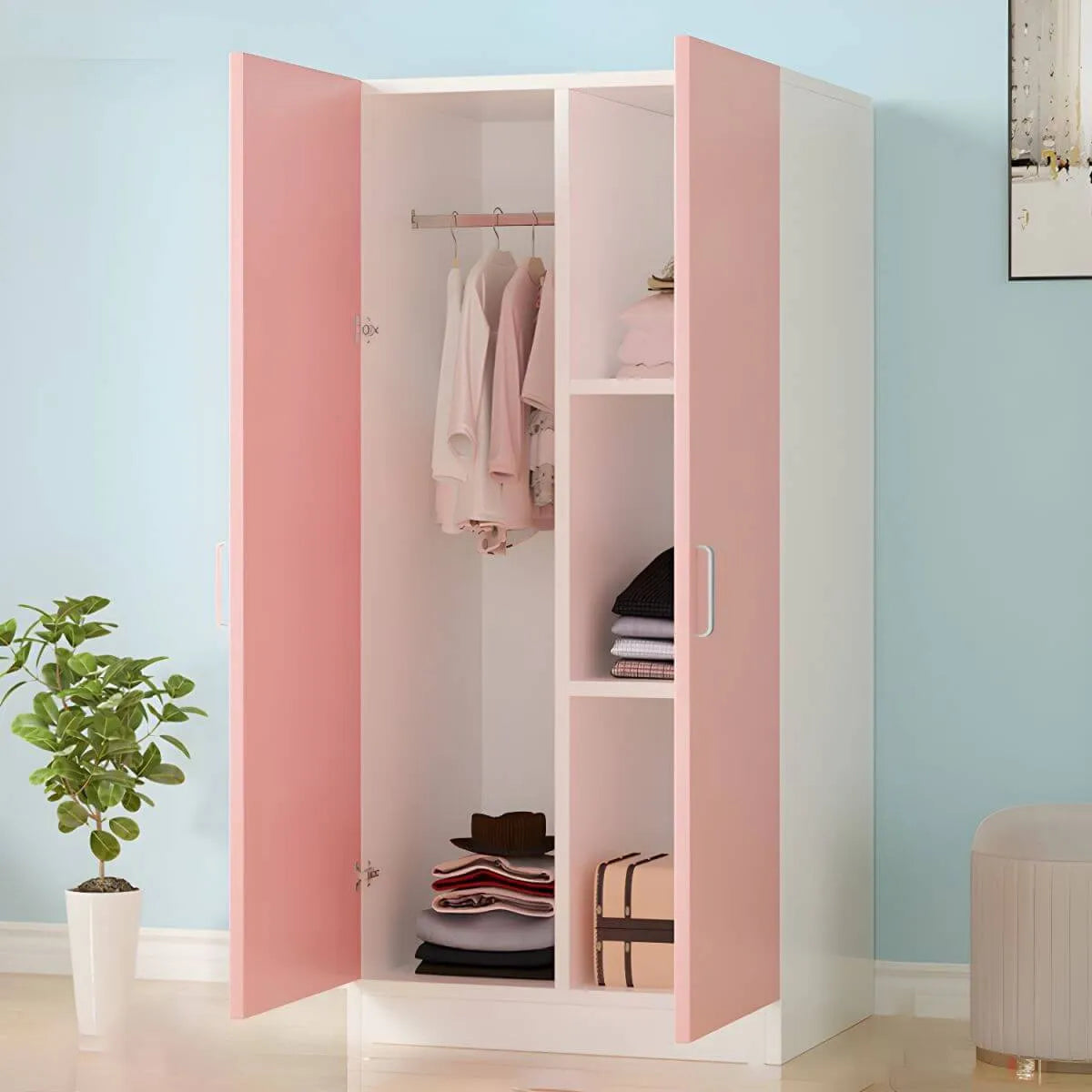 Scandinavian Wood Wardrobe Armoire With Hanging And Shelf Storage
