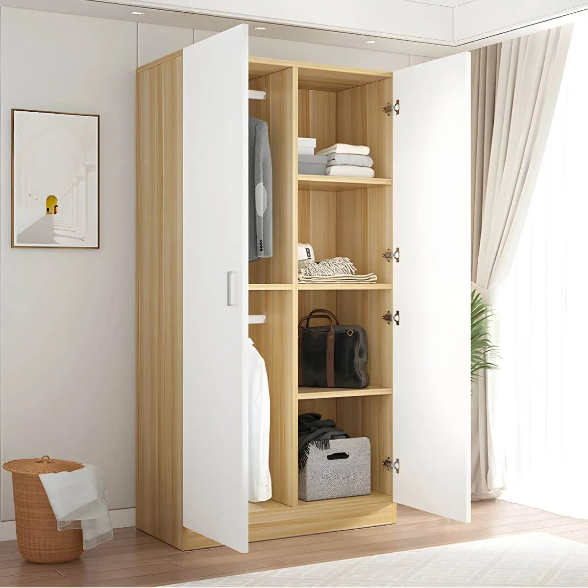 Scandinavian Wood Wardrobe Armoire With Hanging And Shelf Storage Main Product Image
