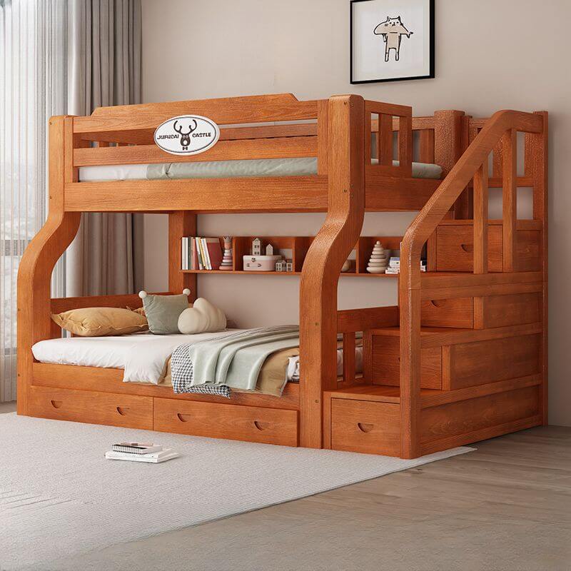 Scandinavian Wooden Bunk Bed with Ladder and Storage Options