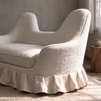 Sculpted Curved Ruffle Skirt Loveseat in Warm Ivory Textured Upholstery