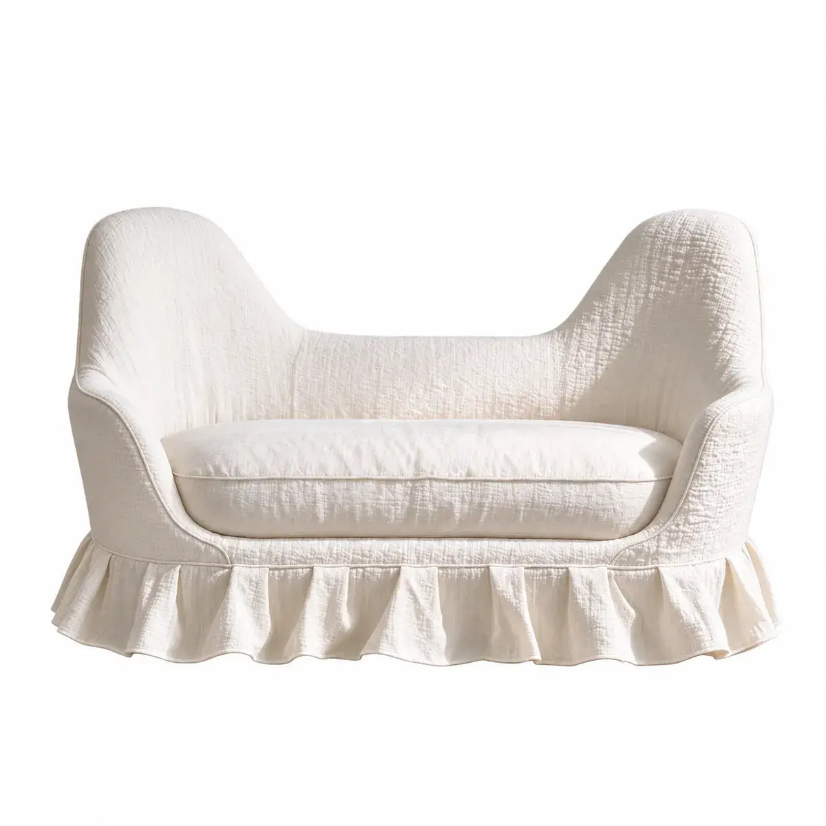 Sculpted Curved Ruffle Skirt Loveseat in Warm Ivory Textured Upholstery