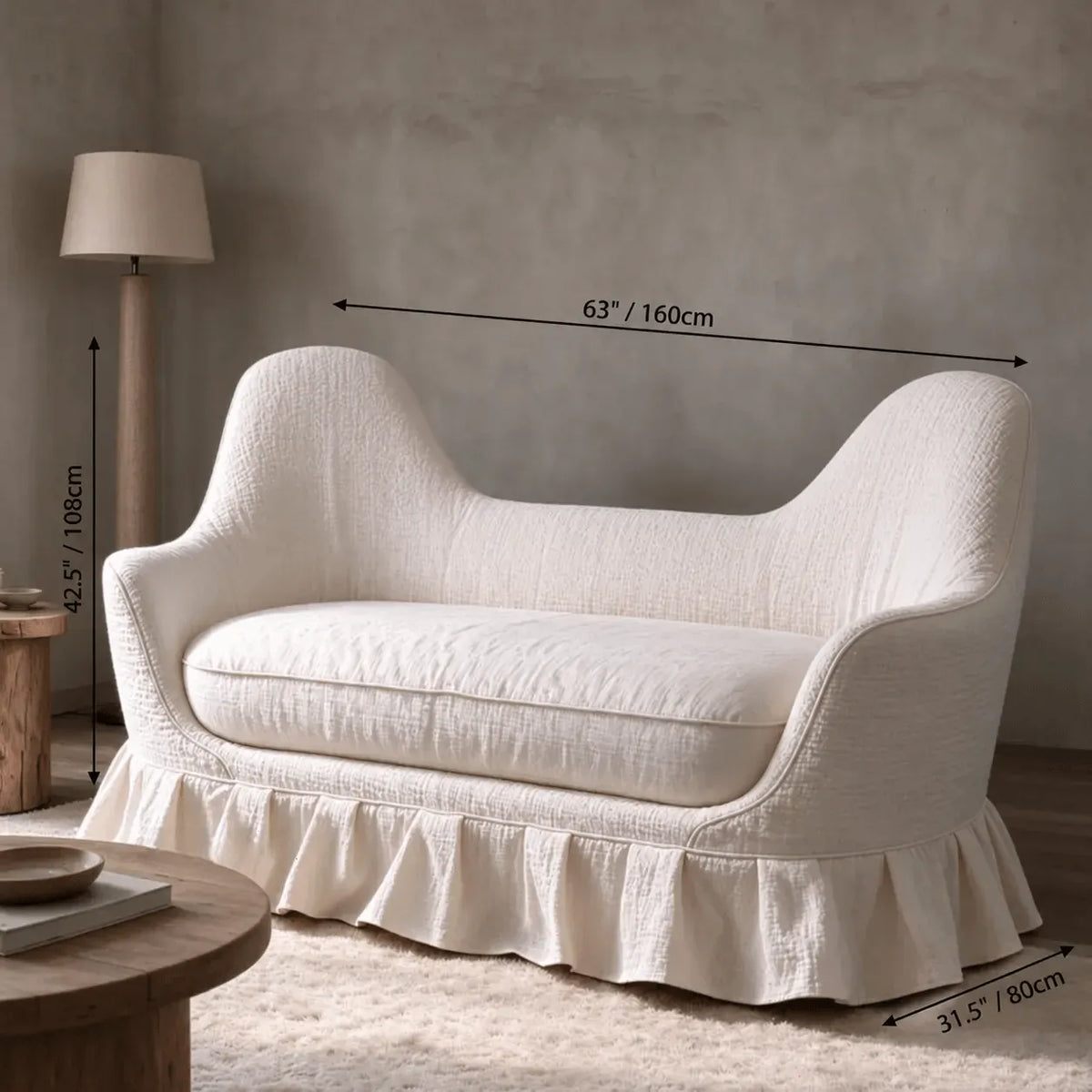 Sculpted Curved Ruffle Skirt Loveseat in Warm Ivory Textured Upholstery Dimensions