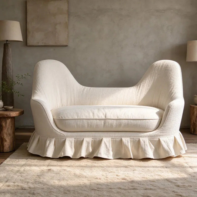 Sculpted Curved Ruffle Skirt Loveseat in Warm Ivory Textured Upholstery Main Product Image Hauptbild