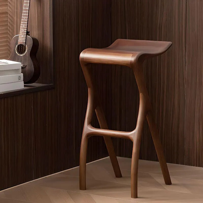 Sculpted Solid Wood Bar Stool with X Base and Ergonomic Saddle Seat