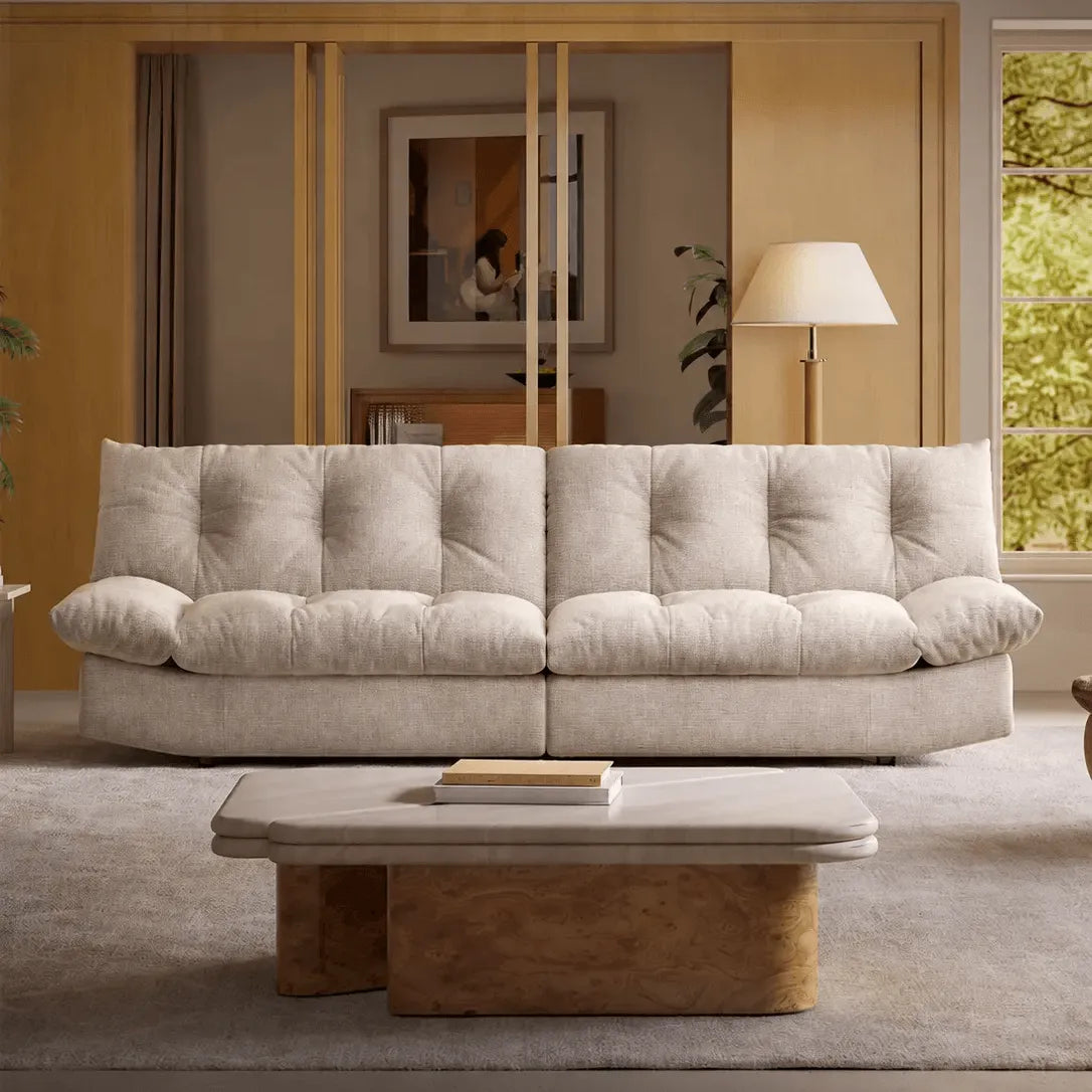 Sculpted Tufted Sofa with Low Profile Silhouette and Plush High Back