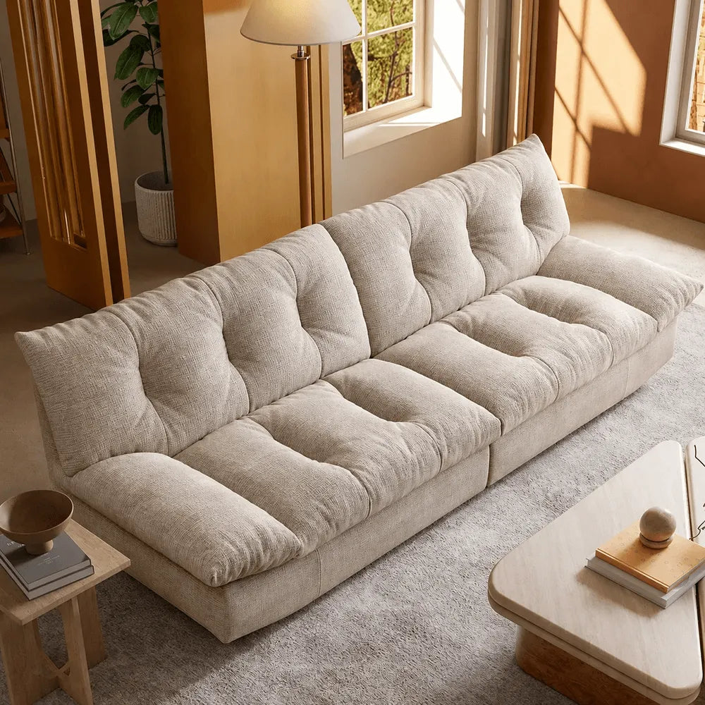 Sculpted Tufted Sofa with Low Profile Silhouette and Plush High Back