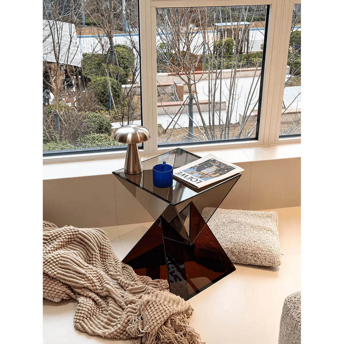 Sculptural Acrylic Side Table in Smoky Tea Gray for Sofa or Bedside