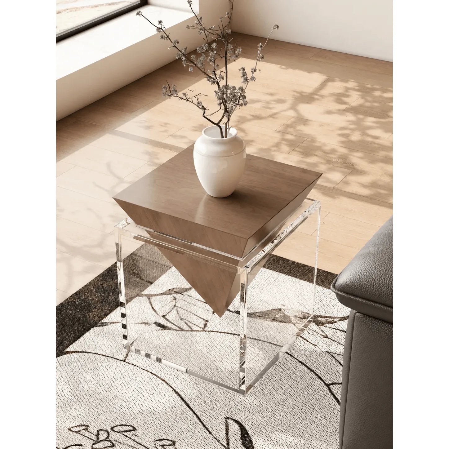 Sculptural Acrylic Side Table Series with Walnut or Travertine Top Secondary image