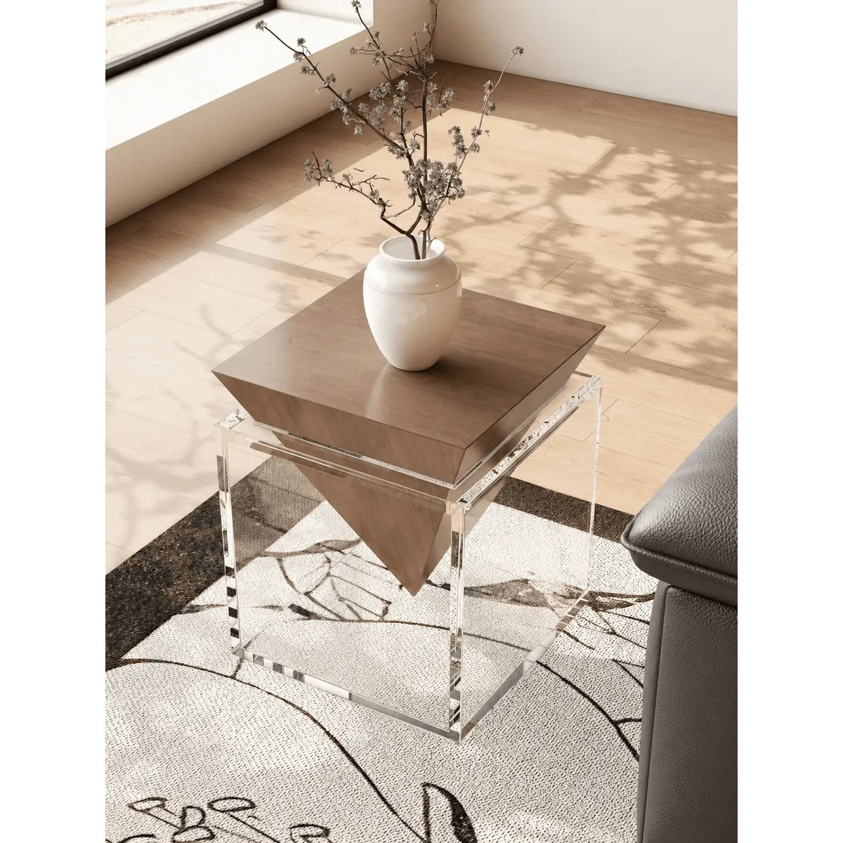 Sculptural Acrylic Side Table Series with Walnut or Travertine Top