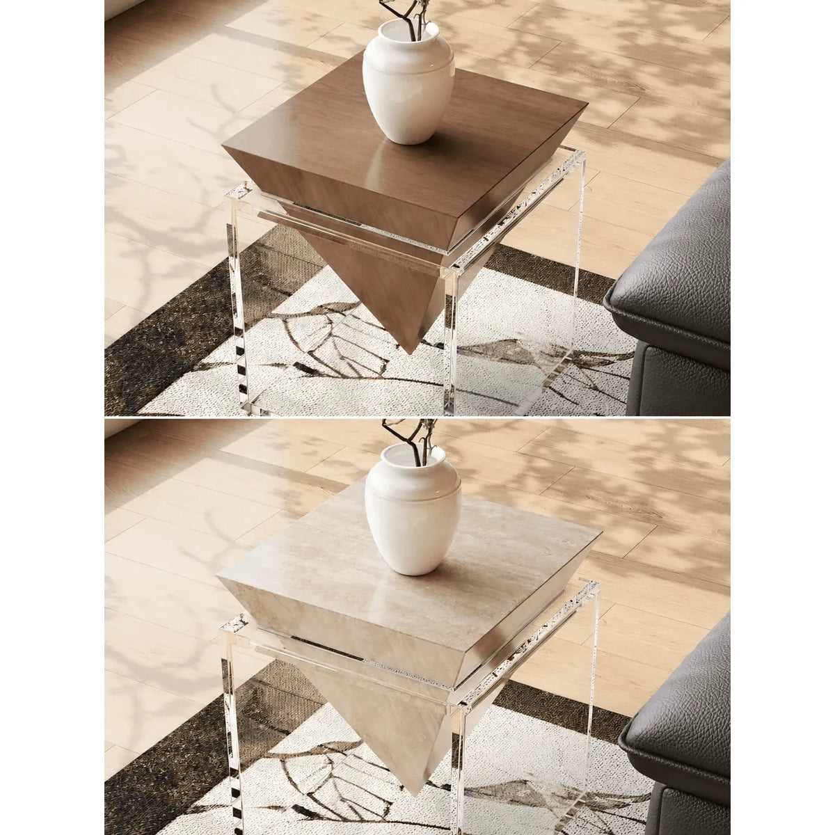Sculptural Acrylic Side Table Series with Walnut or Travertine Top