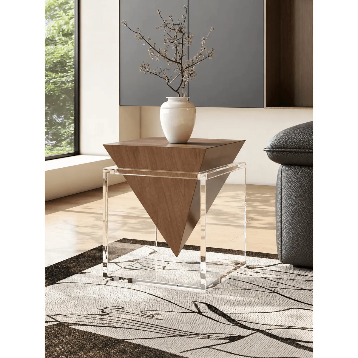 Sculptural Acrylic Side Table Series with Walnut or Travertine Top Main Product Image Main image
