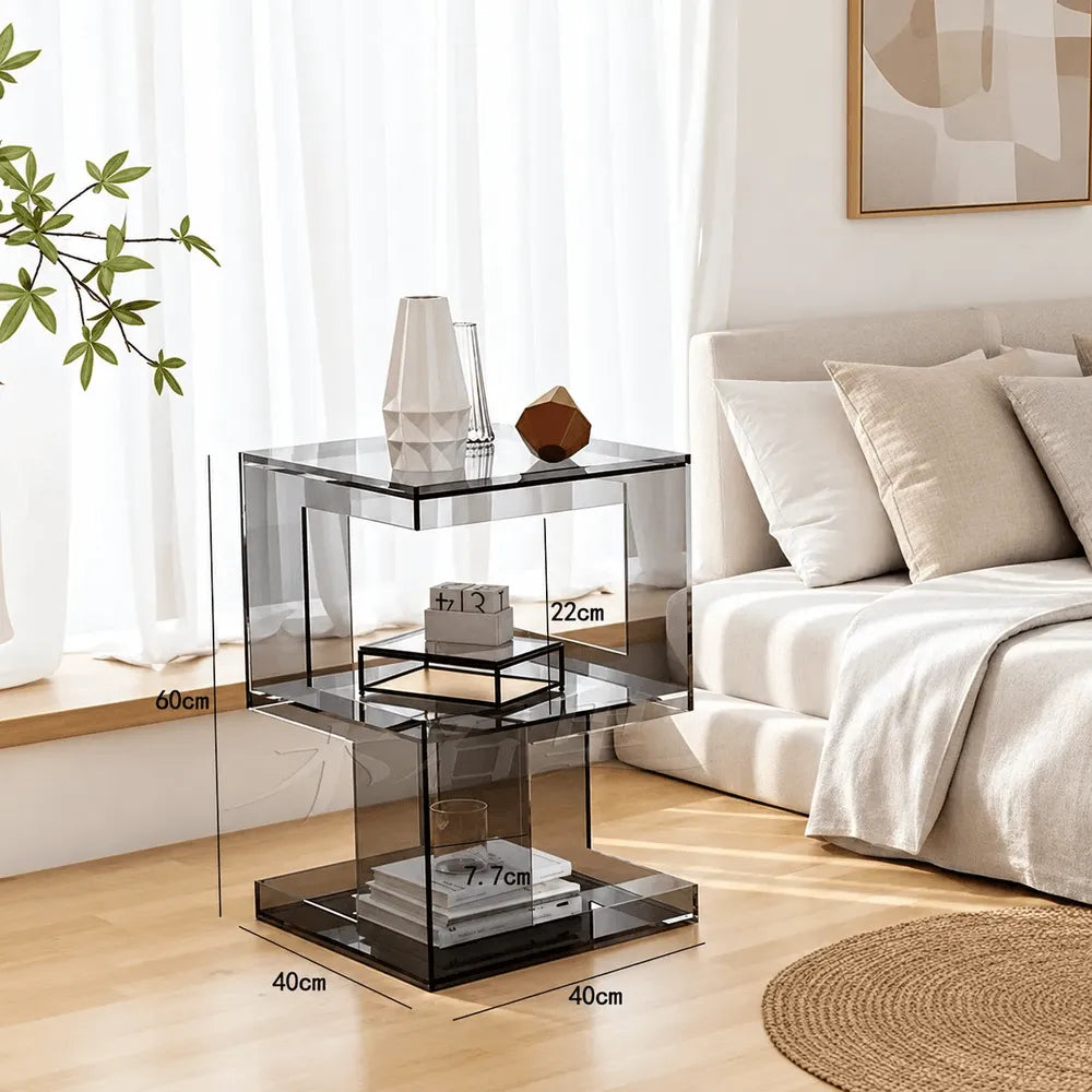 Sculptural Acrylic Side Table with Iridescent Glow and Open Shelf