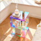 Sculptural Acrylic Side Table with Iridescent Glow and Open Shelf