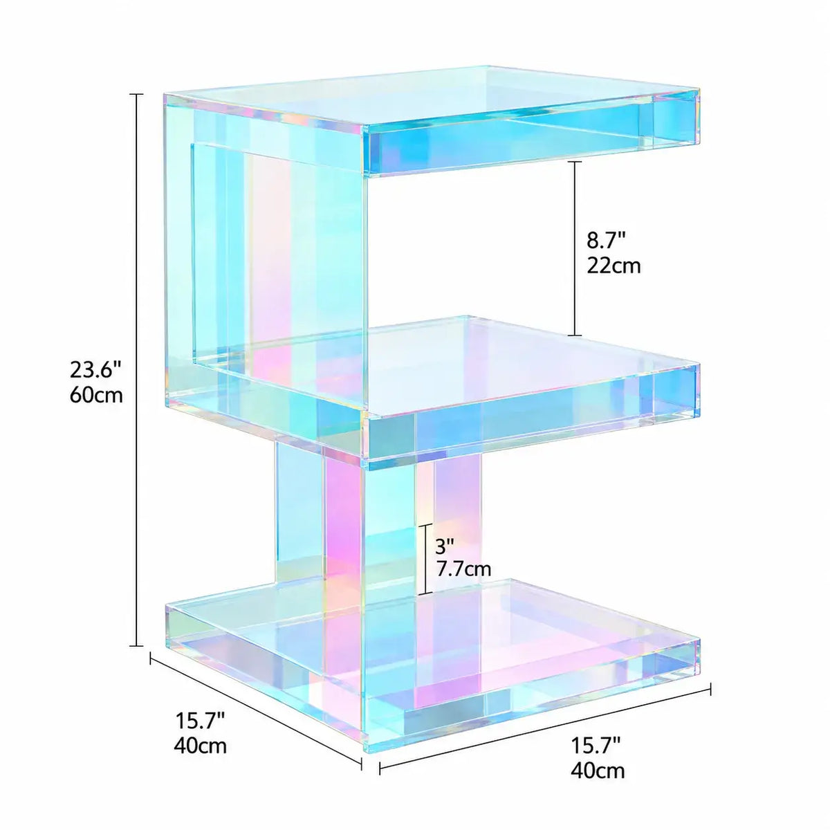 Sculptural Acrylic Side Table with Iridescent Glow and Open Shelf Dimensions