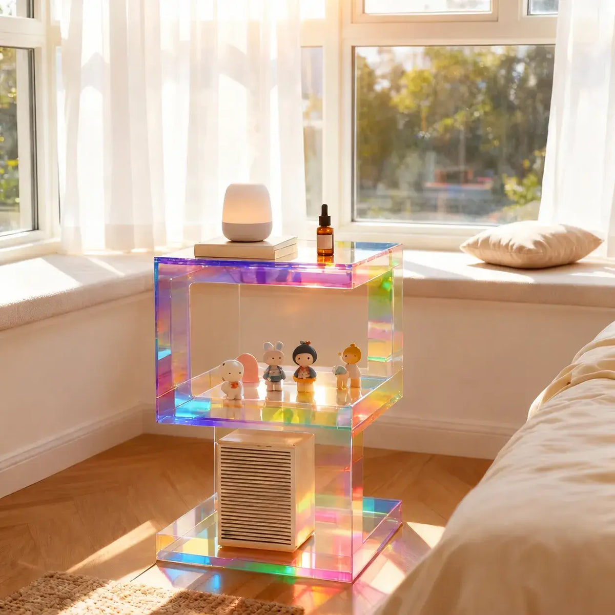 Sculptural Acrylic Side Table with Iridescent Glow and Open Shelf Main Product Image