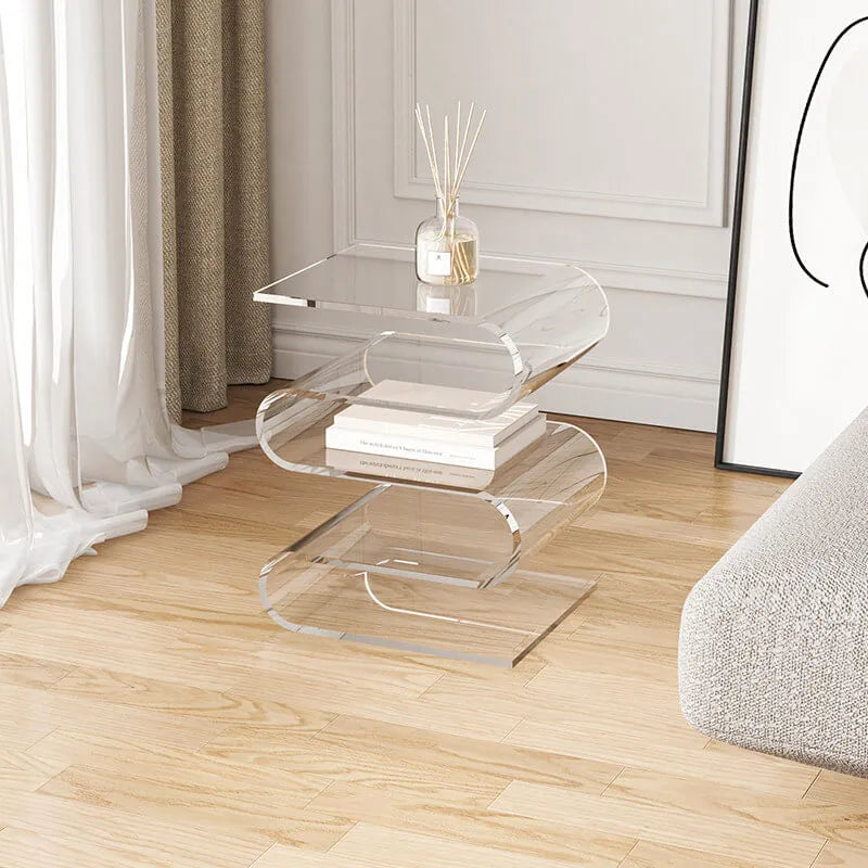 Sculptural Acrylic Side Table With Wave Silhouette and Tiered Display Shelves