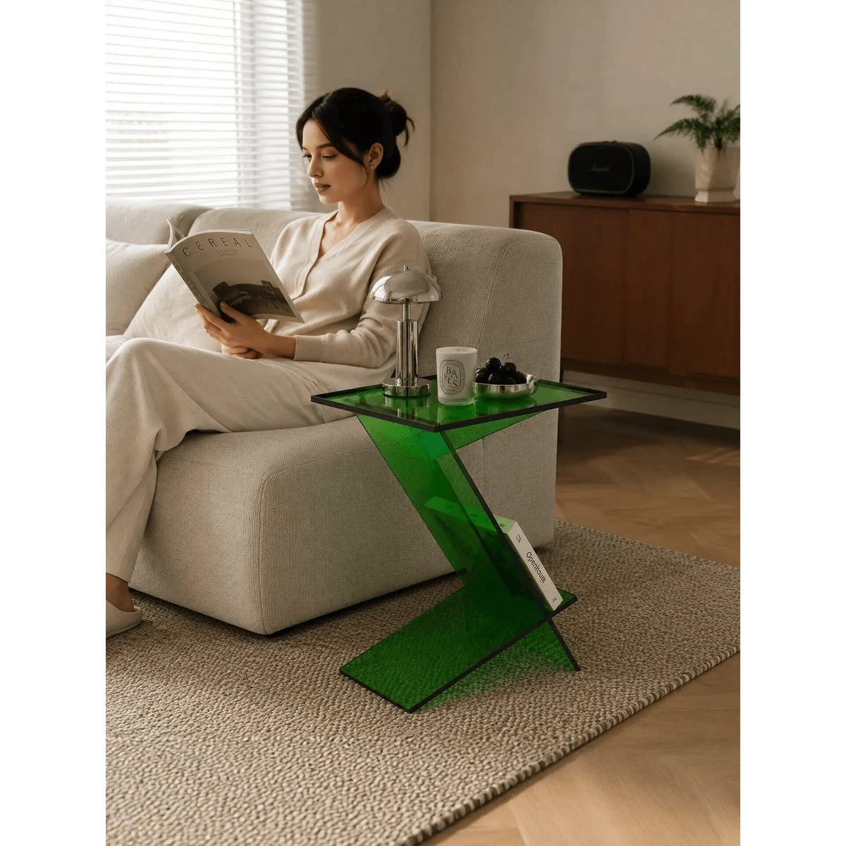 Sculptural Acrylic Side Table with Z Silhouette and Display Shelf