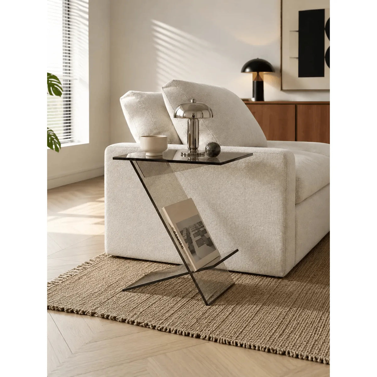 Sculptural Acrylic Side Table with Z Silhouette and Display Shelf Main Product Image