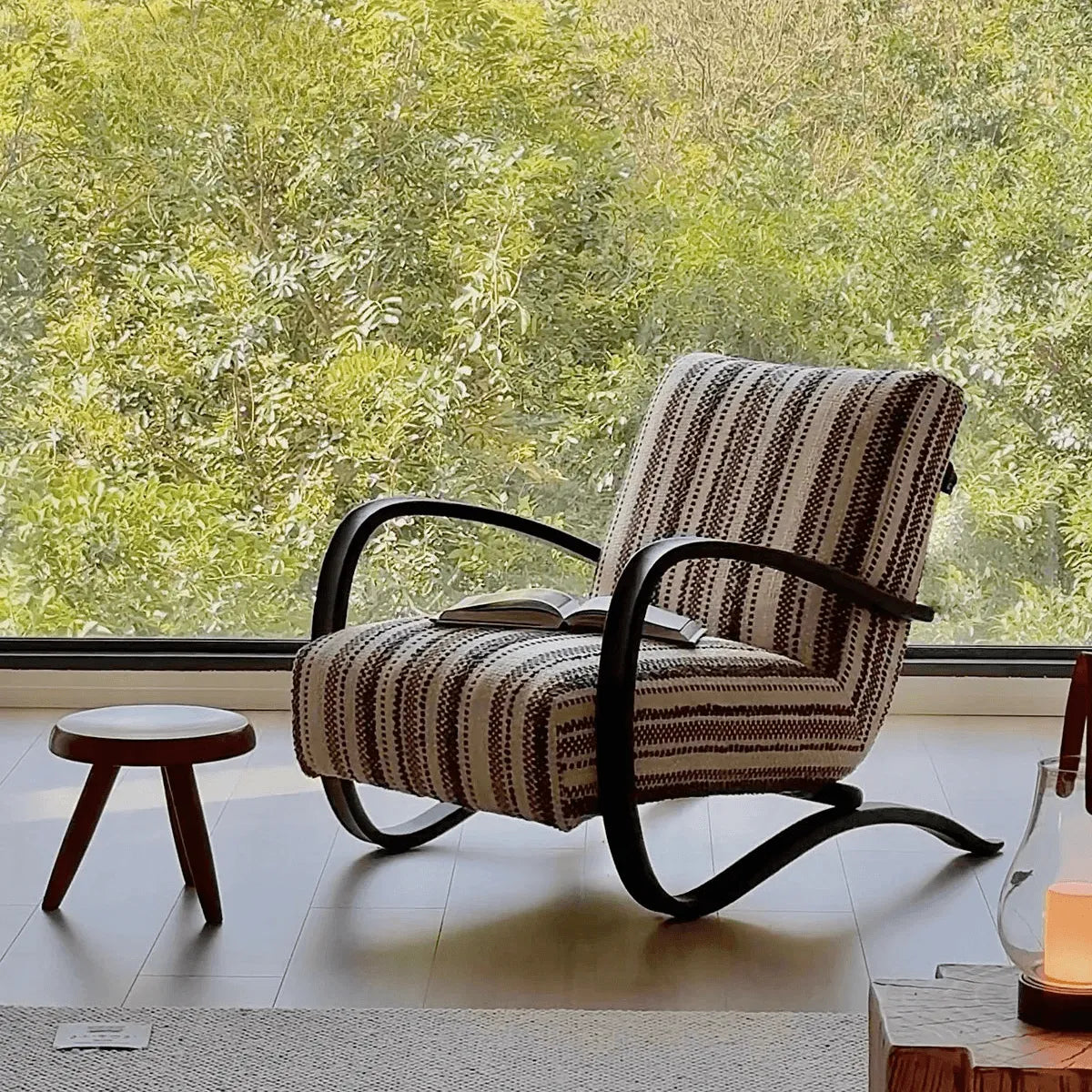 Sculptural Ash Wood Accent Chair With Textured Striped Upholstery