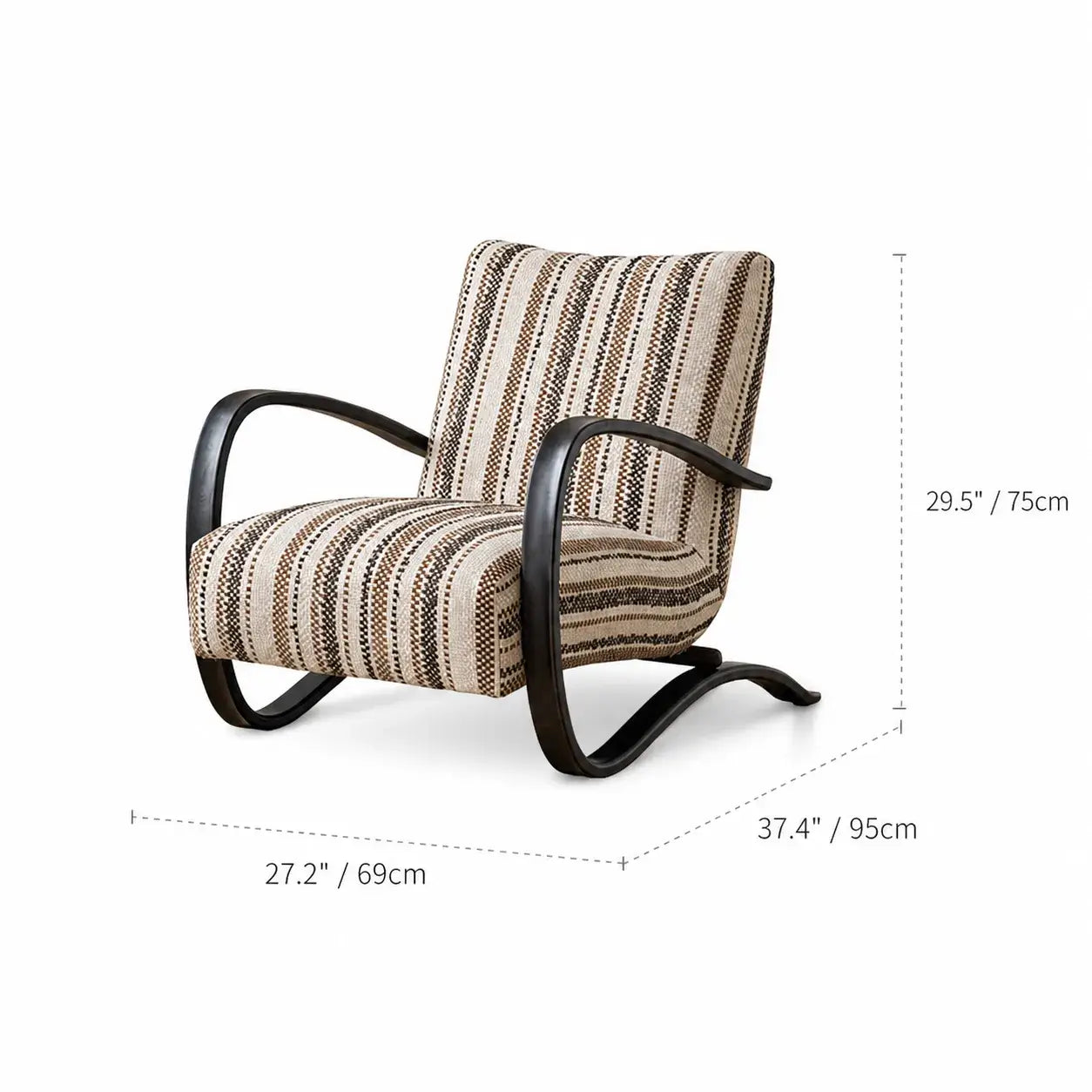 Sculptural Ash Wood Accent Chair With Textured Striped Upholstery