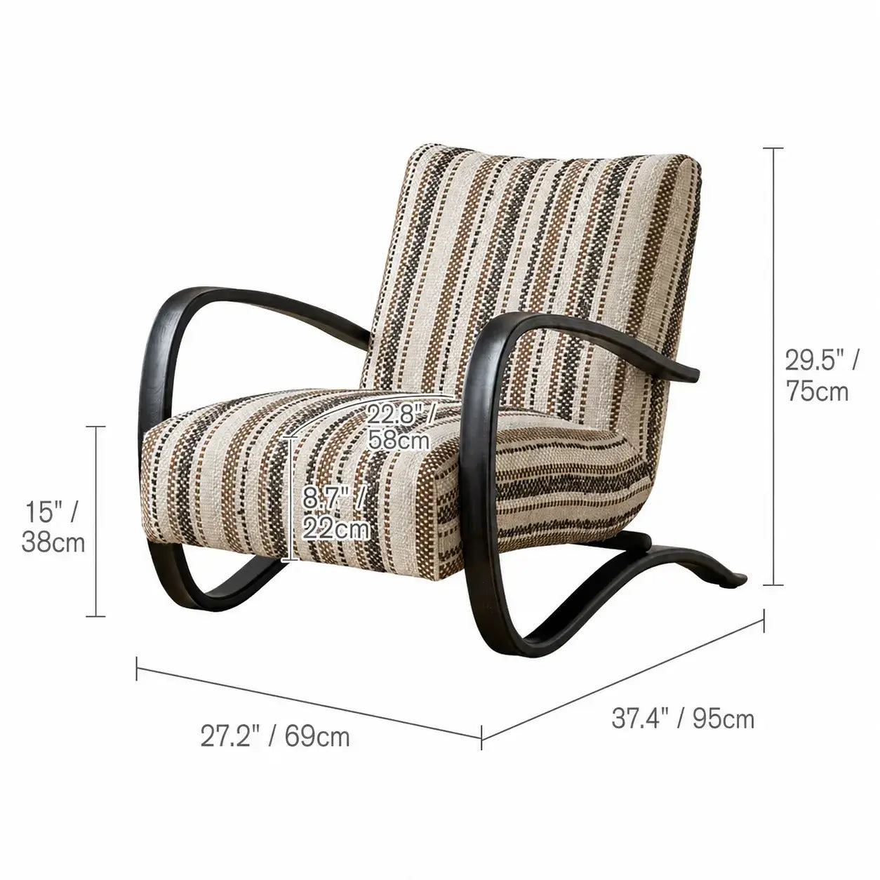 Sculptural Ash Wood Accent Chair With Textured Striped Upholstery Dimensions
