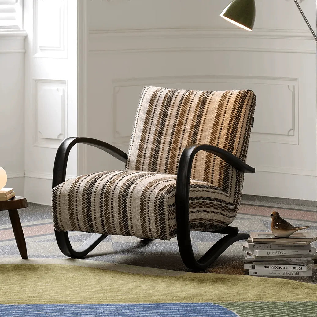 Sculptural Ash Wood Accent Chair With Textured Striped Upholstery Main Product Image