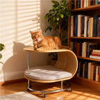 Sculptural Beech Wood Cat End Table With Rolling Chrome Base