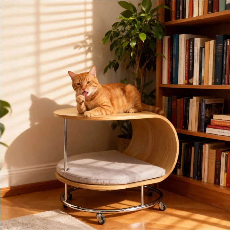 Sculptural Beech Wood Cat End Table With Rolling Chrome Base