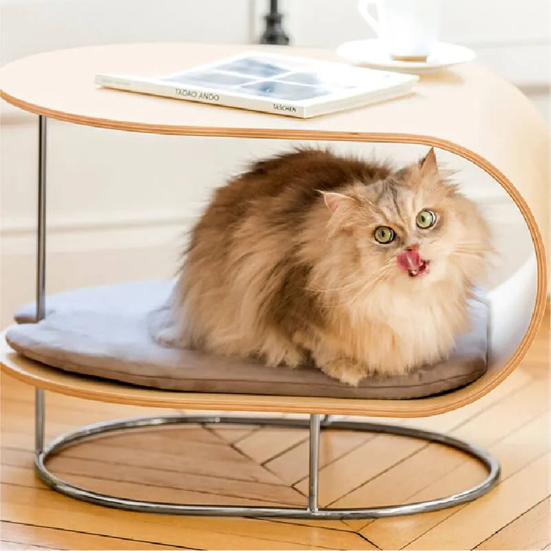 Sculptural Beech Wood Cat End Table With Rolling Chrome Base