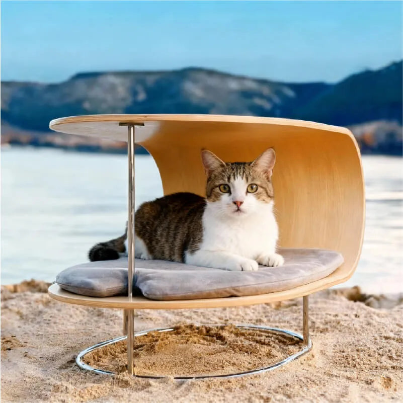 Sculptural Beech Wood Cat End Table With Rolling Chrome Base