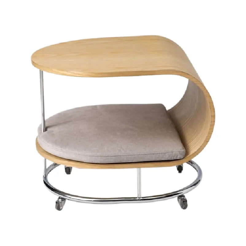 Sculptural Beech Wood Cat End Table With Rolling Chrome Base